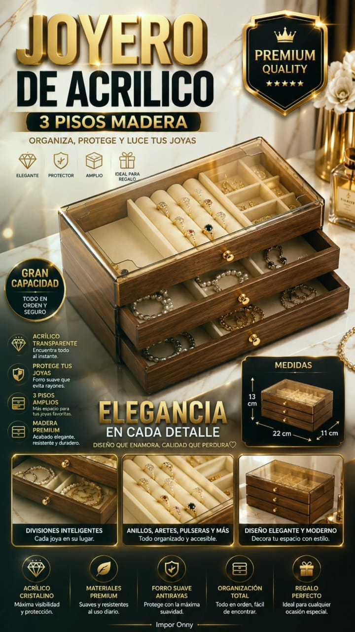 Joyero de acrílico de 3 pisos madera