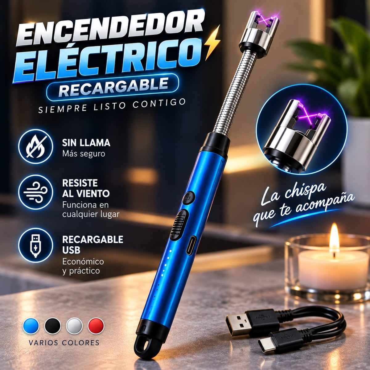 Encendedor Eléctrico Recargable con Cuello Flexible 360°